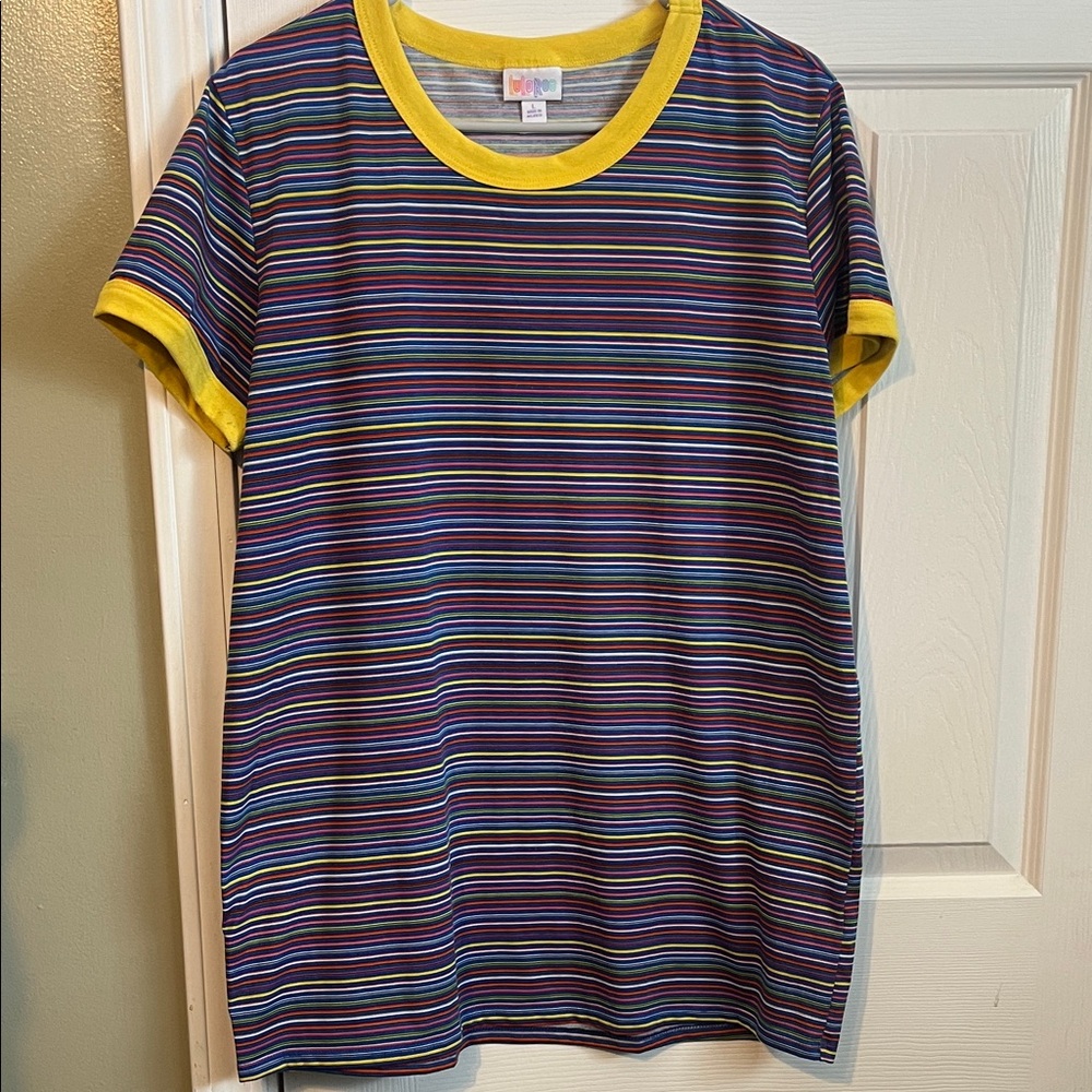LuLaRoe Liv Striped Tee with Yellow Trim. Size Large.